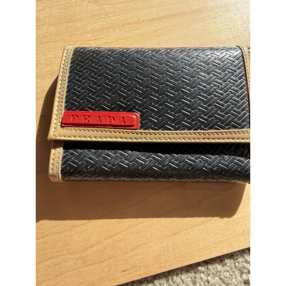 Vintage Prada Black Woven LeatherWallet with Red Logo Plaque